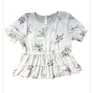 Paper Crane Baby Doll white Floral Print Chiffon Tiered Ruffle Hem Top size M